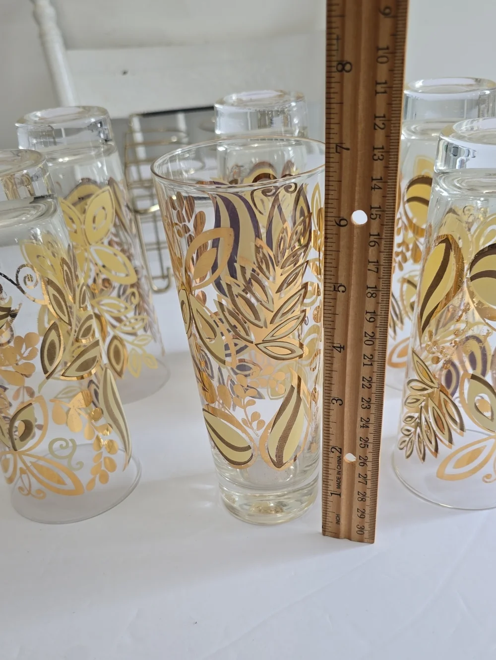 Vintage MCM Set Of 8 Gold Butterfly Leaf Botanical Tumblers With Carrier 12 Oz
